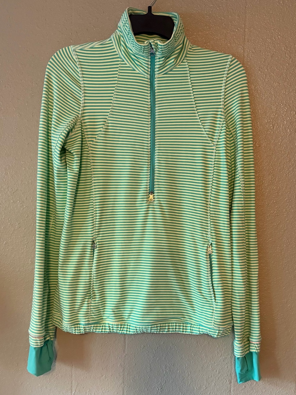 Lululemon Athletica Striped Runner Half-Zip Pullover Kangaroo Pocket Lime & Teal